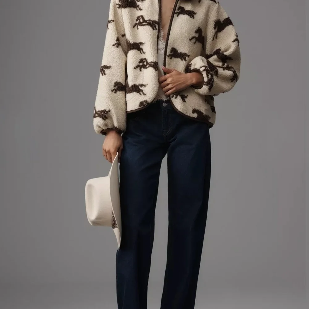 NWT THE GREAT. Pasture Fleece Jacket Horse Print Off White Size 1 - Picture 2 of 12